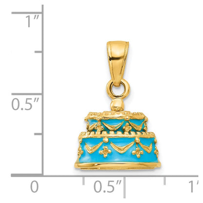14K Gelbgold 3-D aquablau emaillierter „ALLES GUTE ZUM GEBURTSTAG"-Kuchen-Anhänger