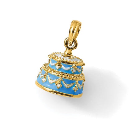 14K Gelbgold 3-D aquablau emaillierter „ALLES GUTE ZUM GEBURTSTAG"-Kuchen-Anhänger