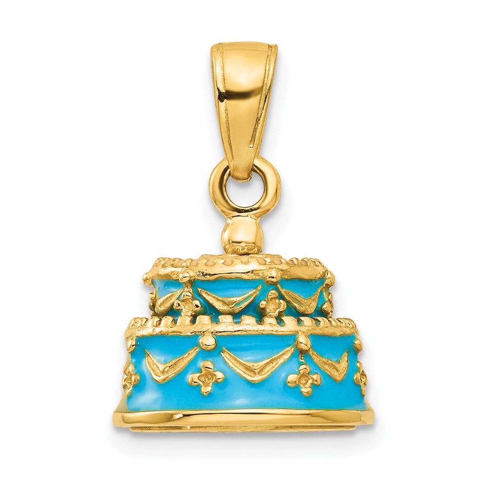 14K Gelbgold 3-D aquablau emaillierter „ALLES GUTE ZUM GEBURTSTAG"-Kuchen-Anhänger