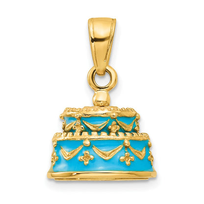 14K Gelbgold 3-D aquablau emaillierter „ALLES GUTE ZUM GEBURTSTAG"-Kuchen-Anhänger