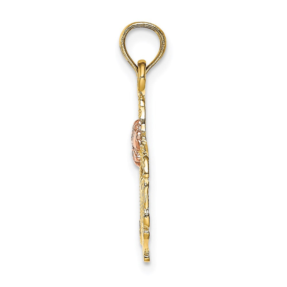 14K Bicolor-Gold polierter MOM-Anhänger mit Blume