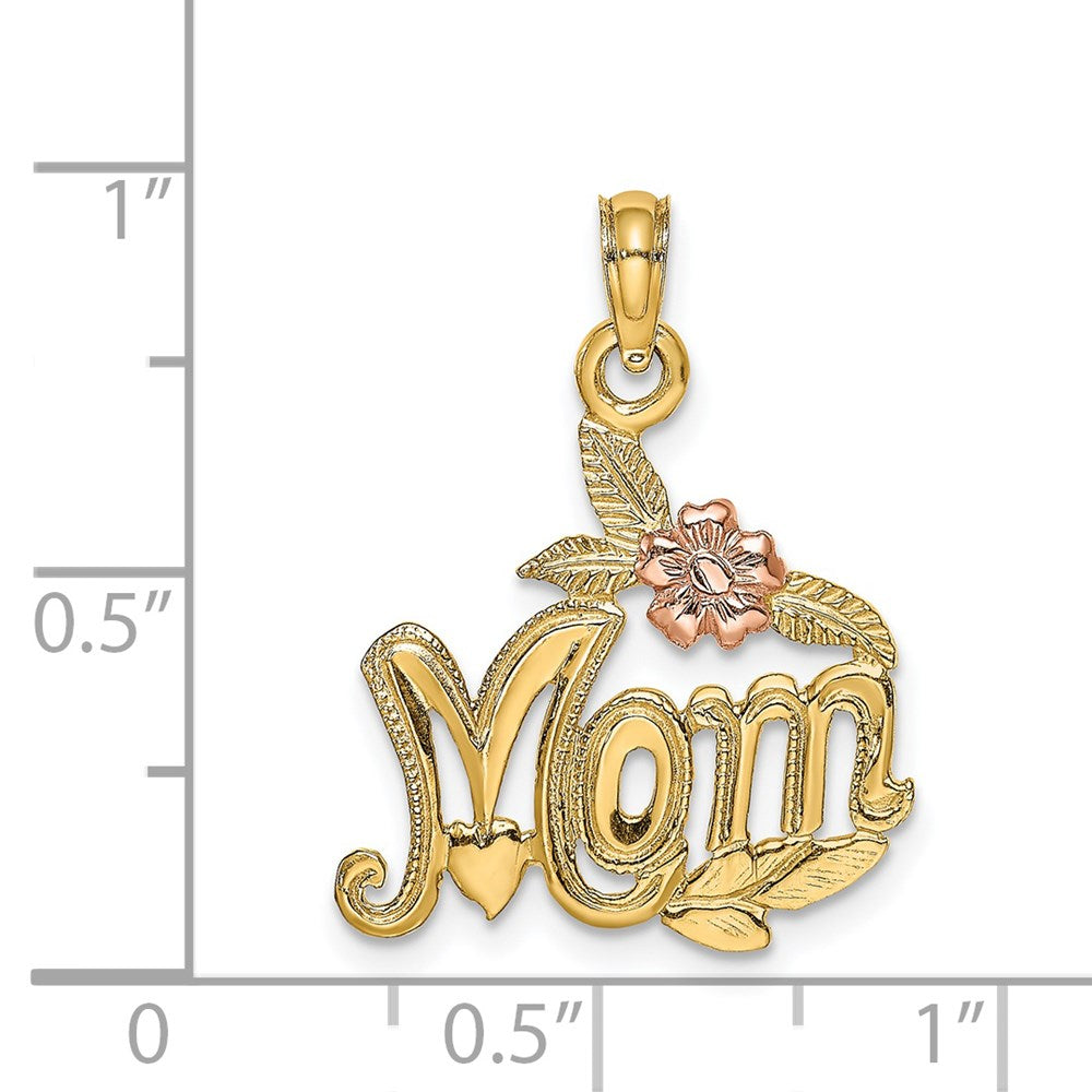 14K Bicolor-Gold polierter MOM-Anhänger mit Blume