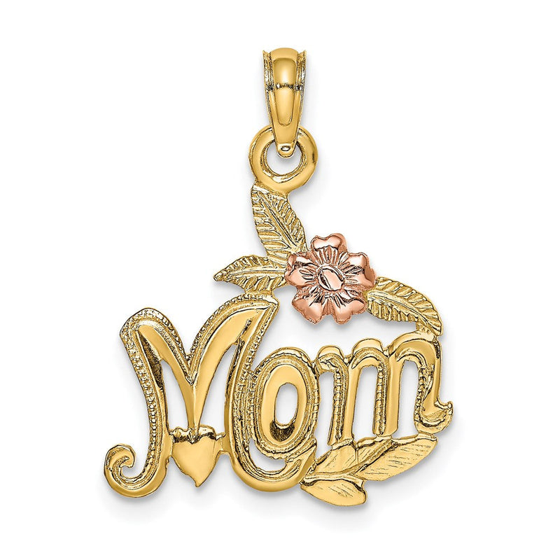 14K Bicolor-Gold polierter MOM-Anhänger mit Blume