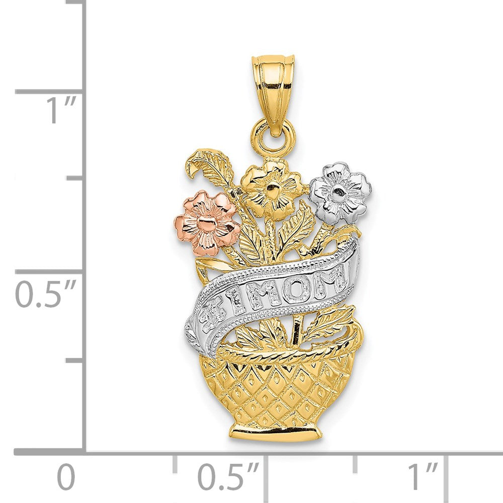 14K Bicolor-Gold (mit Weiß-Rhodinierung) "#1 MOM" Blumenkorb-Charm