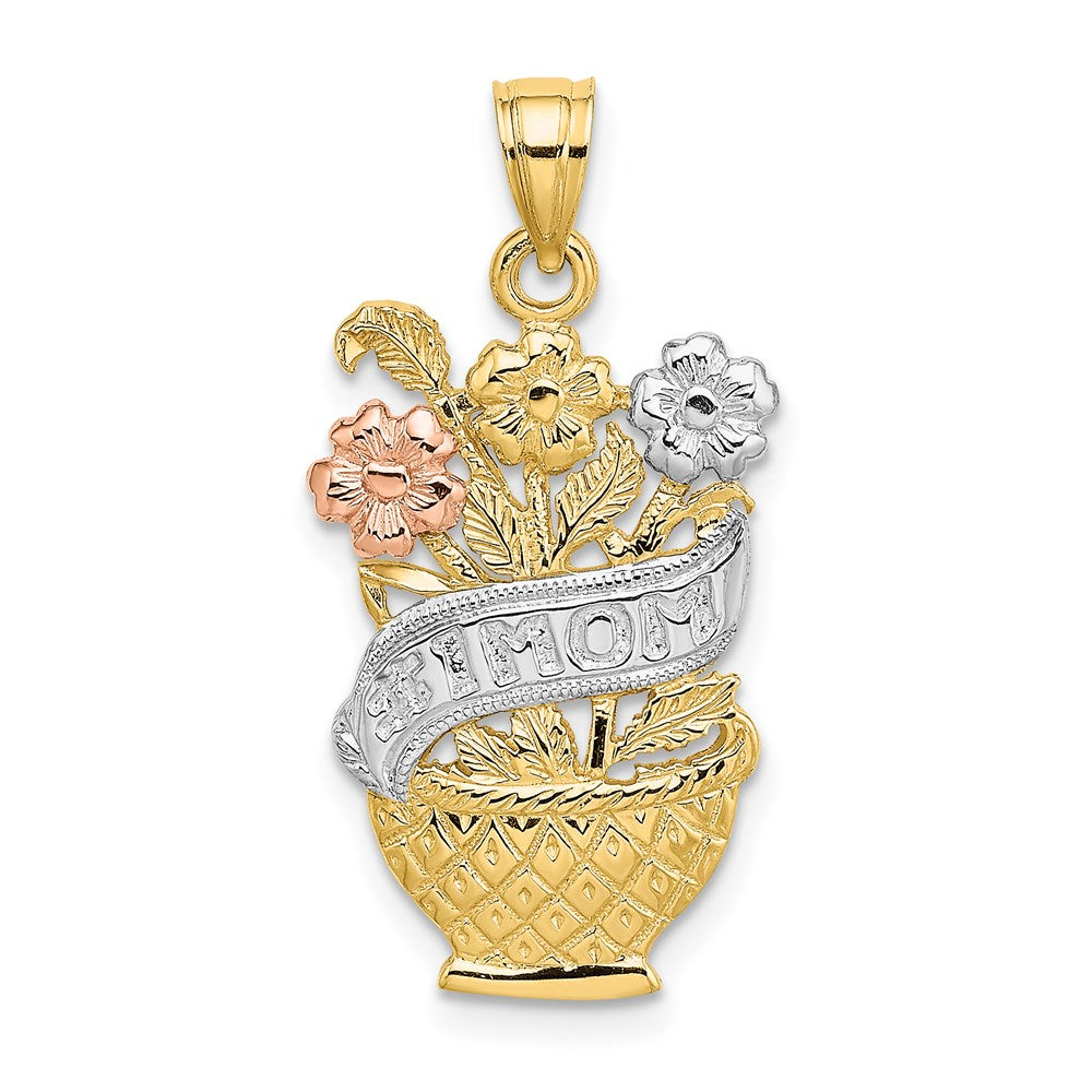 14K Bicolor-Gold (mit Weiß-Rhodinierung) "#1 MOM" Blumenkorb-Charm