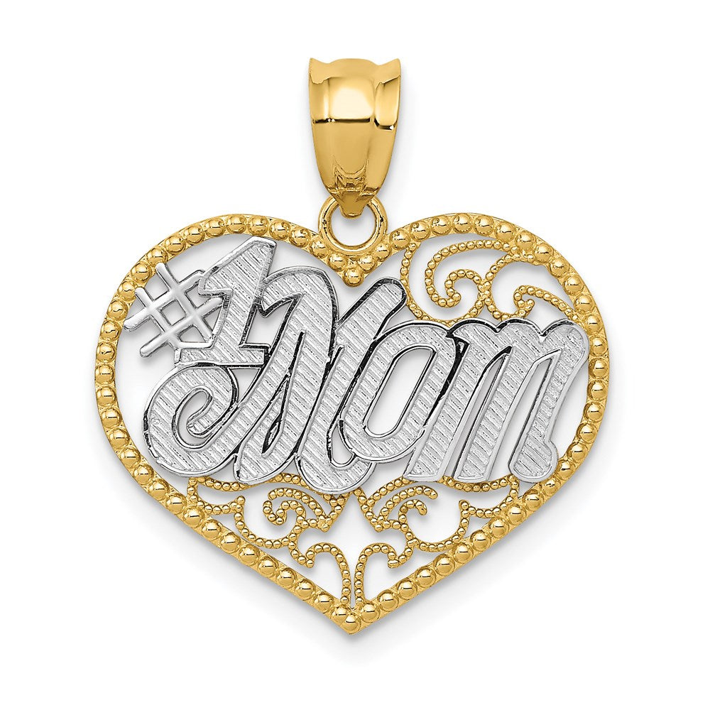 14K Gelb- und Rhodiumgold sowie Weißrhodium Filigran-Herzanhänger „#1 Mama“