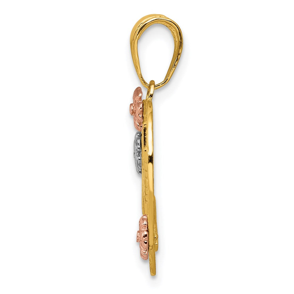 14K Tricolor-Gold Anhänger „NANA" im Herz mit Blumen