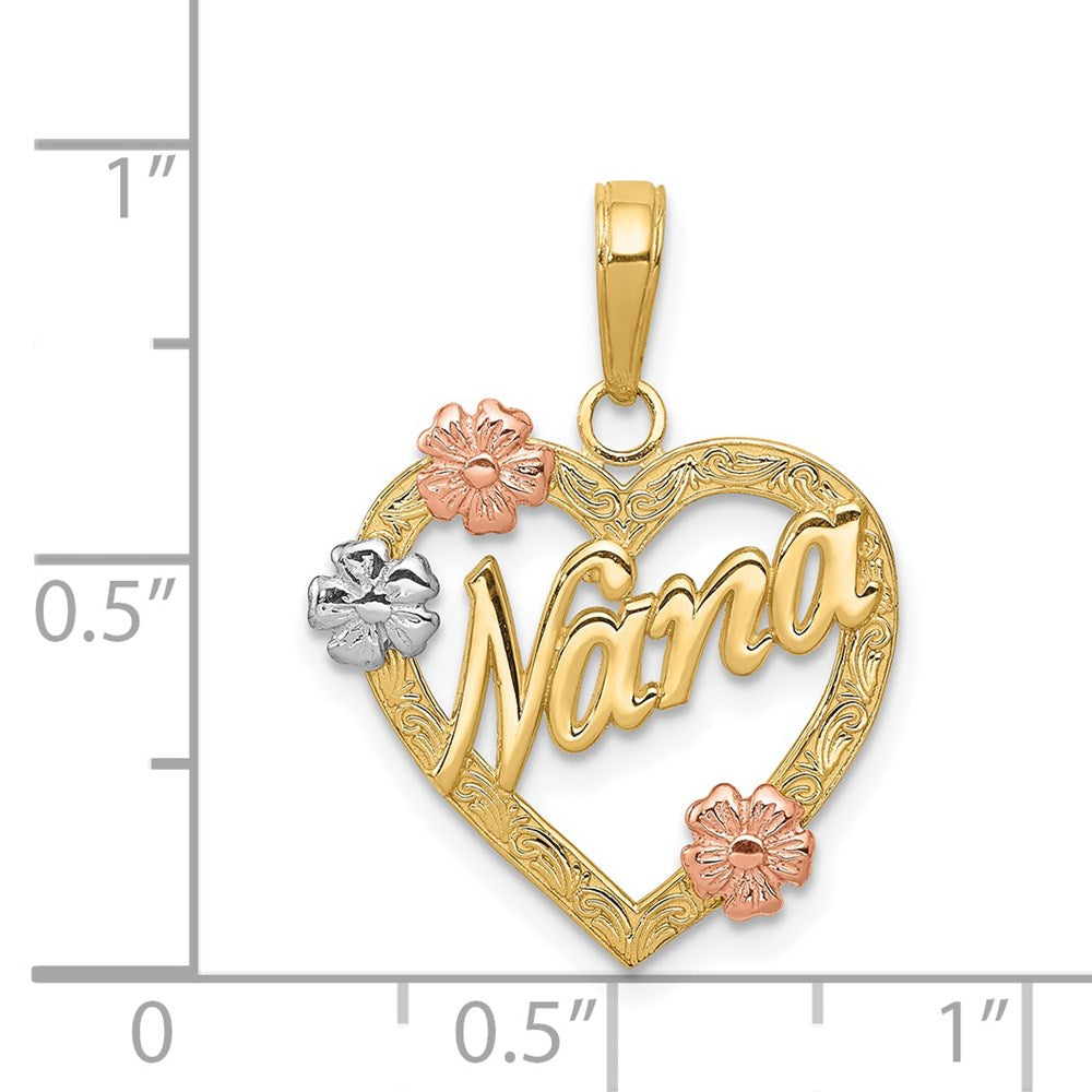 14K Tricolor-Gold Anhänger „NANA" im Herz mit Blumen