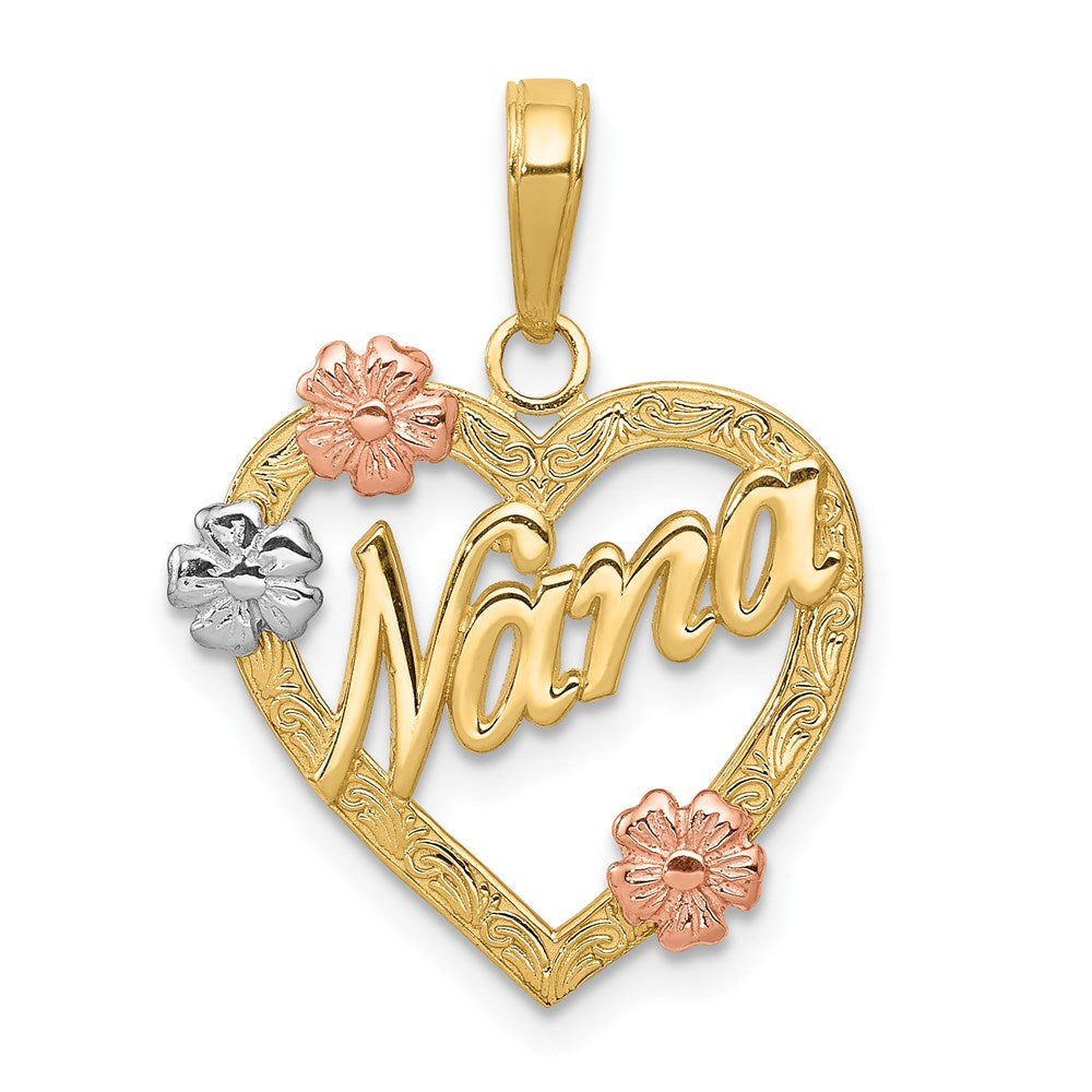14K Tricolor-Gold Anhänger „NANA" im Herz mit Blumen
