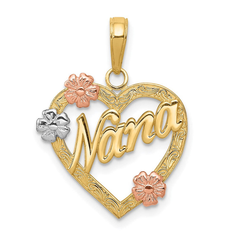 14K Tricolor-Gold Anhänger „NANA" im Herz mit Blumen