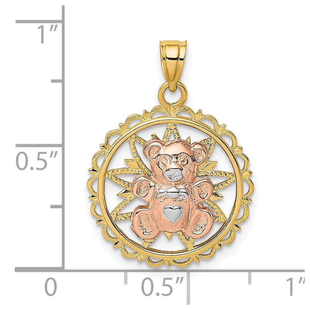 14K Bicolor Gold/Rhodium Teddybär auf ausgeschnittener Scheibe Charm