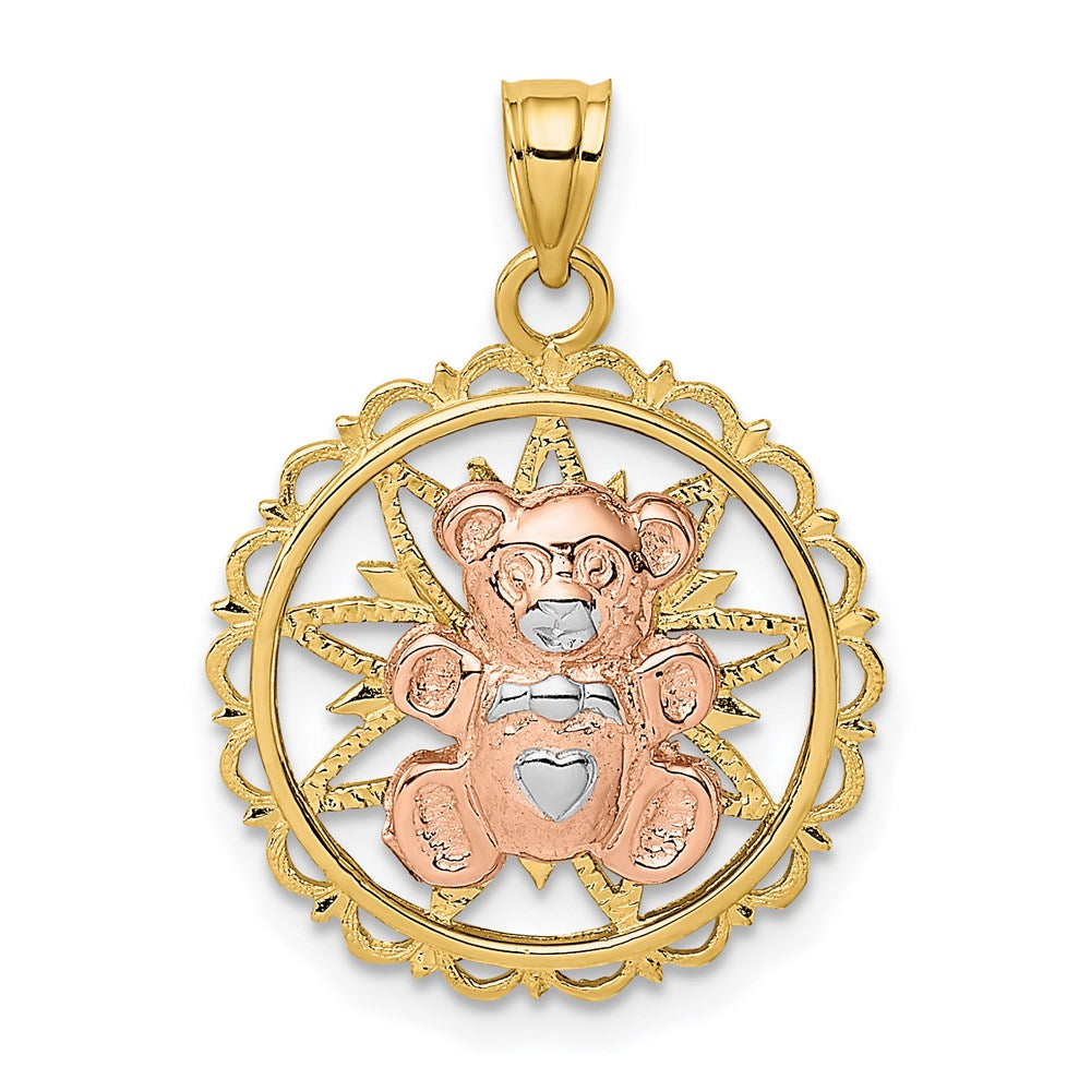 14K Bicolor Gold/Rhodium Teddybär auf ausgeschnittener Scheibe Charm