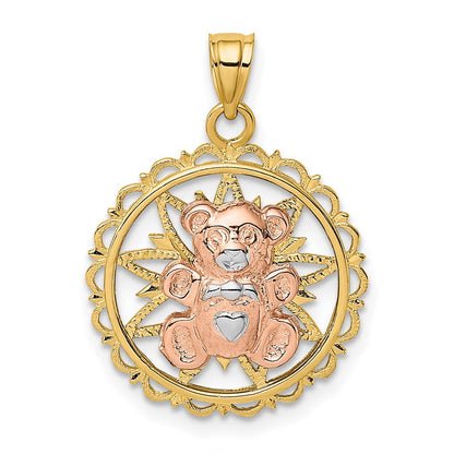 14K Bicolor Gold/Rhodium Teddybär auf ausgeschnittener Scheibe Charm