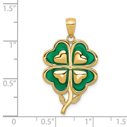14K Gelbgold Kleeblatt-Anhänger mit 4 Blättern und emaillierten Spitzen