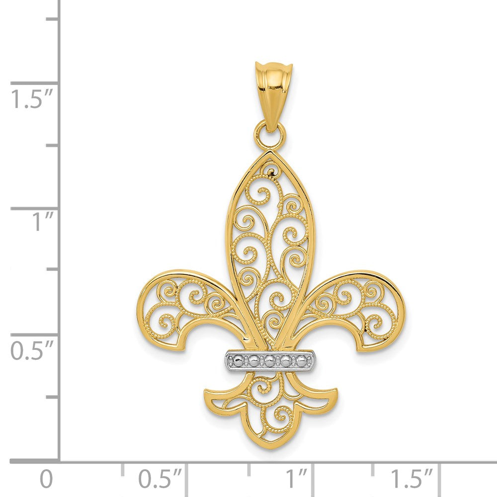 14 Karat Gelb- und Rhodiumgold mit Rhodium-Filigran-Fleur-de-Lis-Anhänger