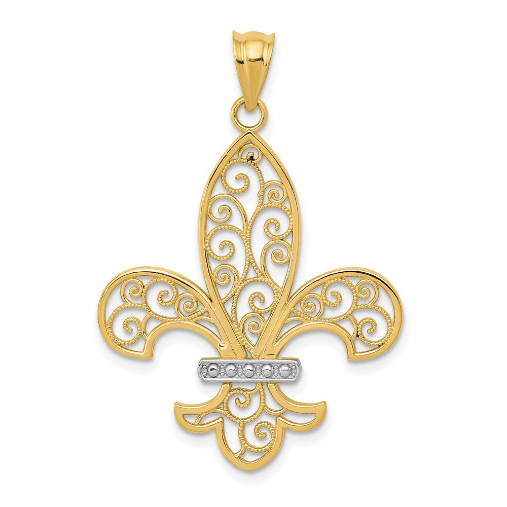 14 Karat Gelb- und Rhodiumgold mit Rhodium-Filigran-Fleur-de-Lis-Anhänger