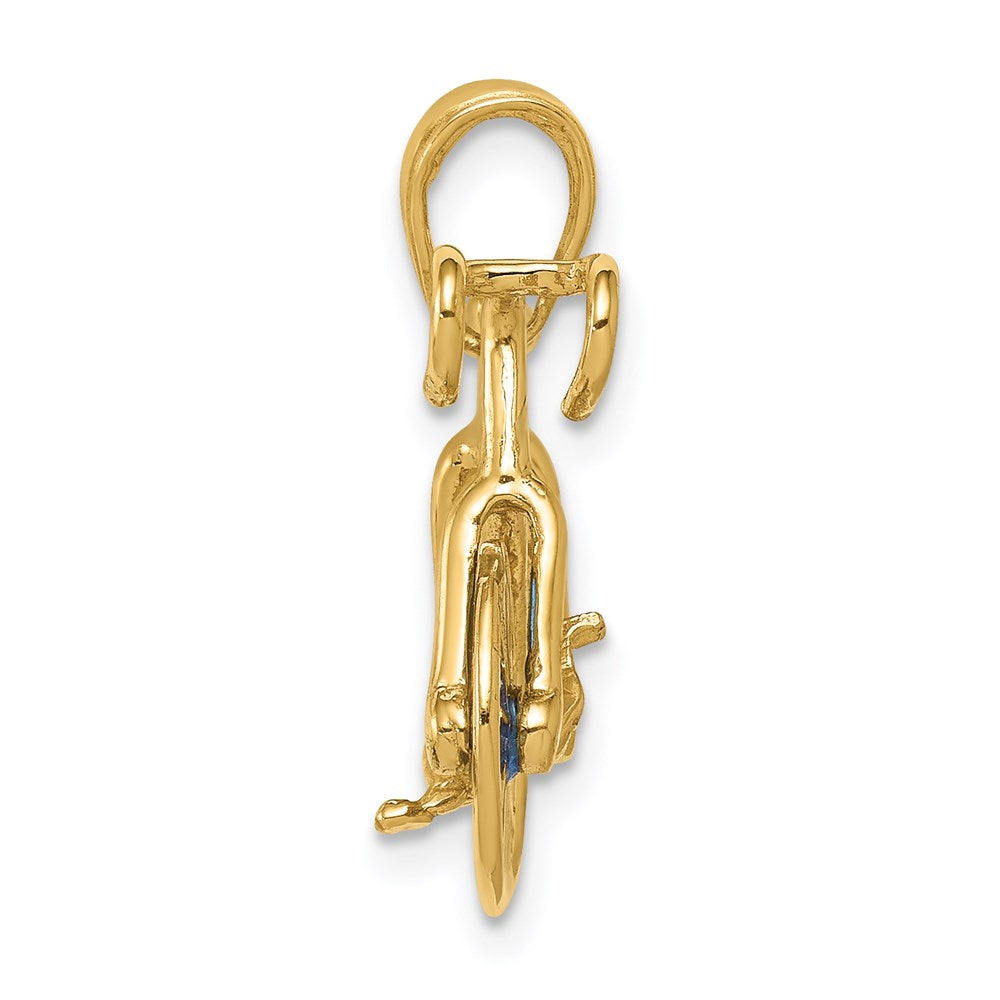 14K Gelbgold 3-D blau emaillierter beweglicher Fahrrad-Anhänger