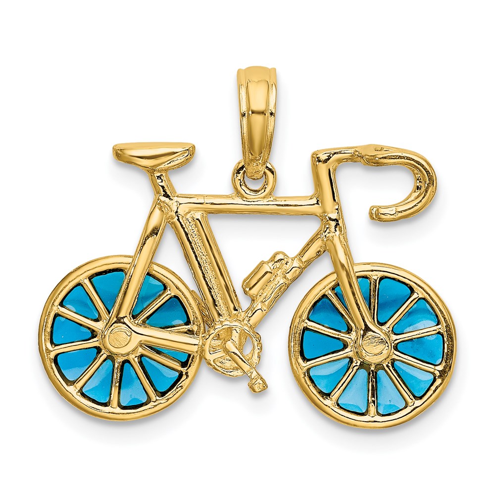14K Gelbgold 3-D blau emaillierter beweglicher Fahrrad-Anhänger
