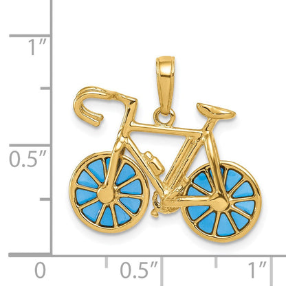 14K Gelbgold 3-D blau emaillierter beweglicher Fahrrad-Anhänger