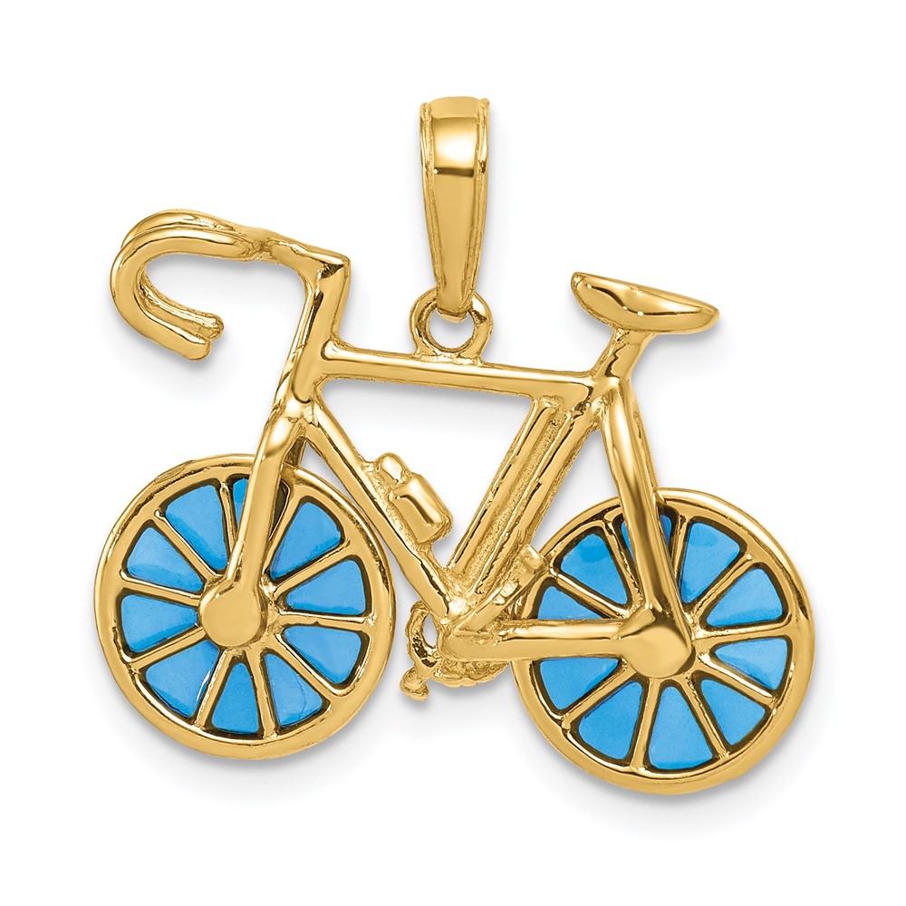 14K Gelbgold 3-D blau emaillierter beweglicher Fahrrad-Anhänger
