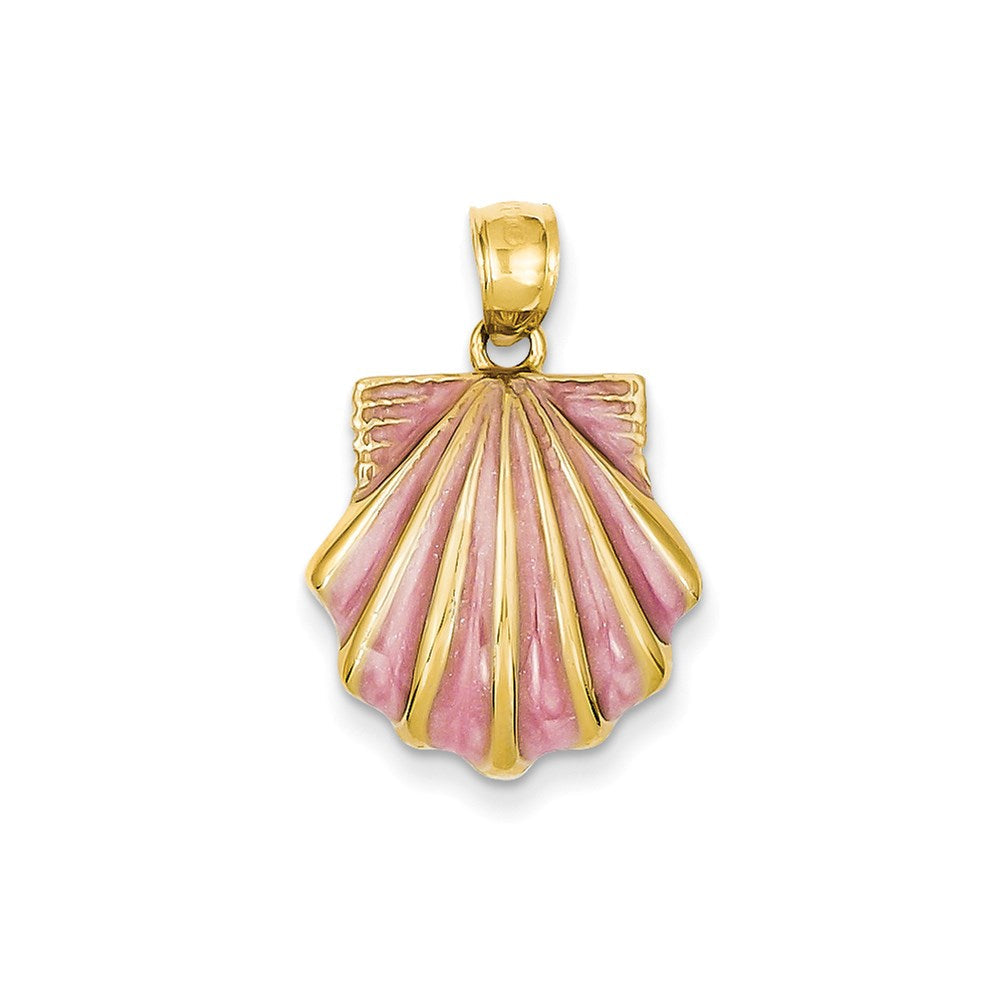14K Gelbgold 2-D Anhänger Muschel rosa emailliert (Jakobsmuschel-Design)** Alternative, kompakter formuliert: **14K Gelbgold 2-D Jakobsmuschel-Anhänger rosa emailliert