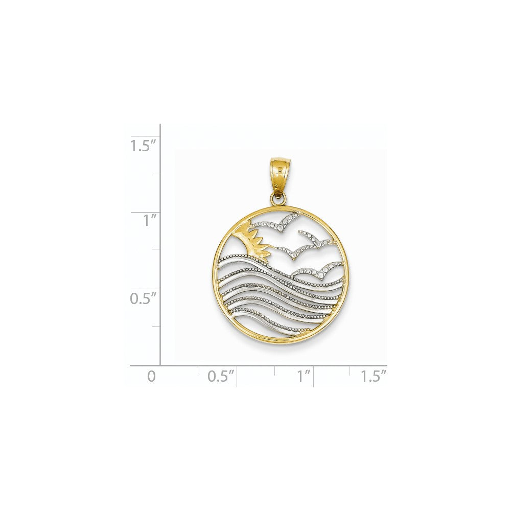 14K Gelbgold & Rhodium Sonnenuntergang-Wasser-und-Möwen-Anhänger
