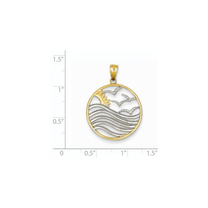 14K Gelbgold & Rhodium Sonnenuntergang-Wasser-und-Möwen-Anhänger