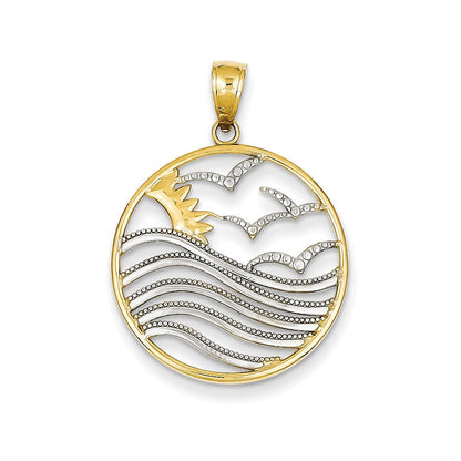14K Gelbgold & Rhodium Sonnenuntergang-Wasser-und-Möwen-Anhänger