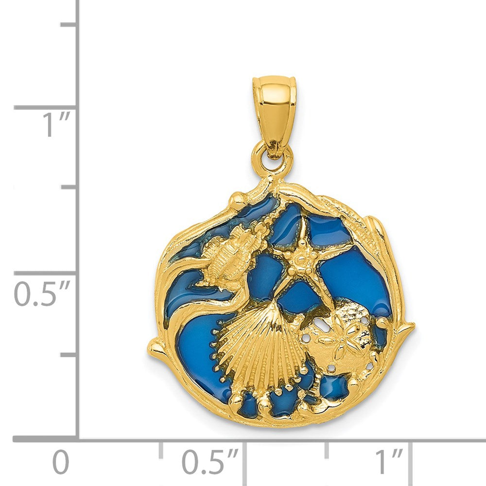 14 Karat Gelbgold Anhänger mit blau emaillierten Muscheln als Cluster