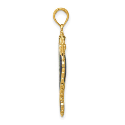 14K Gelbgold 3-D Seepferdchen-Anhänger blau emailliert