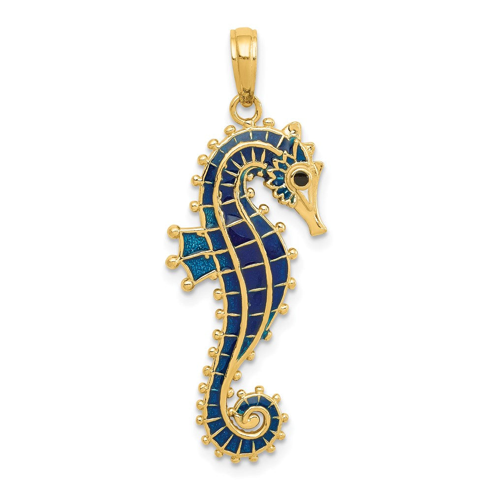 14K Gelbgold 3-D Seepferdchen-Anhänger blau emailliert