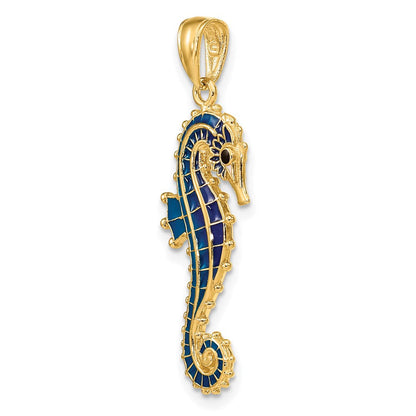 14K Gelbgold 3-D Seepferdchen-Anhänger blau emailliert