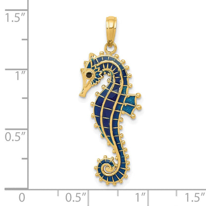 14K Gelbgold 3-D Seepferdchen-Anhänger blau emailliert