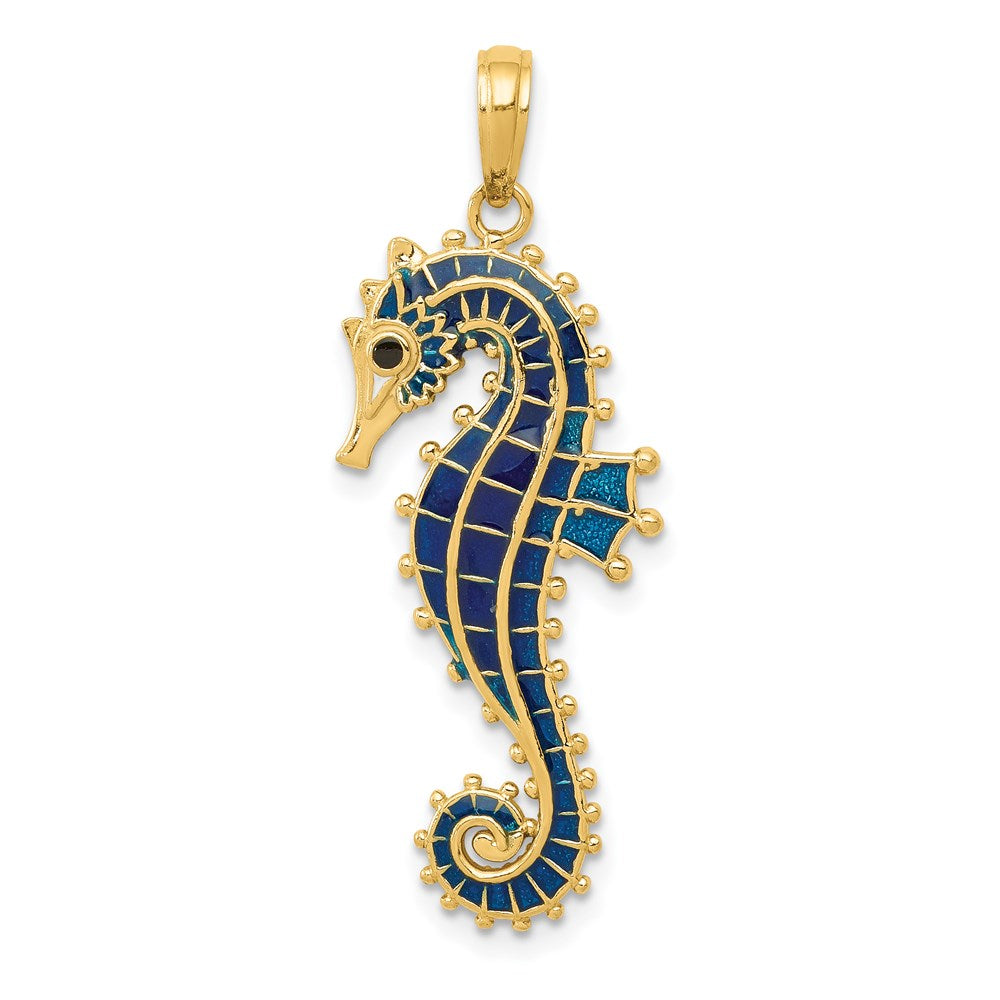 14K Gelbgold 3-D Seepferdchen-Anhänger blau emailliert