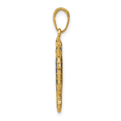 14K Gelbgold 3-D Seepferdchen-Anhänger blau emailliert
