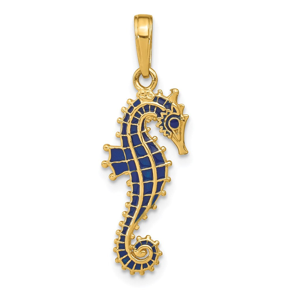 14K Gelbgold 3-D Seepferdchen-Anhänger blau emailliert