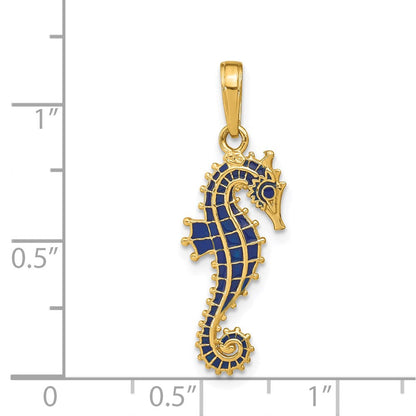 14K Gelbgold 3-D Seepferdchen-Anhänger blau emailliert