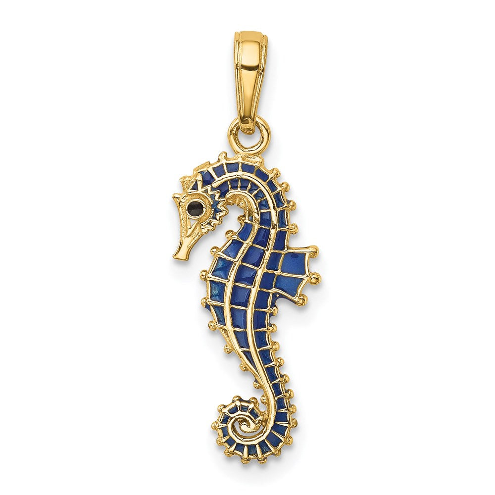14K Gelbgold 3-D Seepferdchen-Anhänger blau emailliert