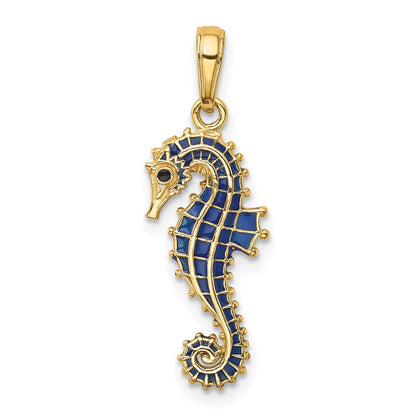14K Gelbgold 3-D Seepferdchen-Anhänger blau emailliert