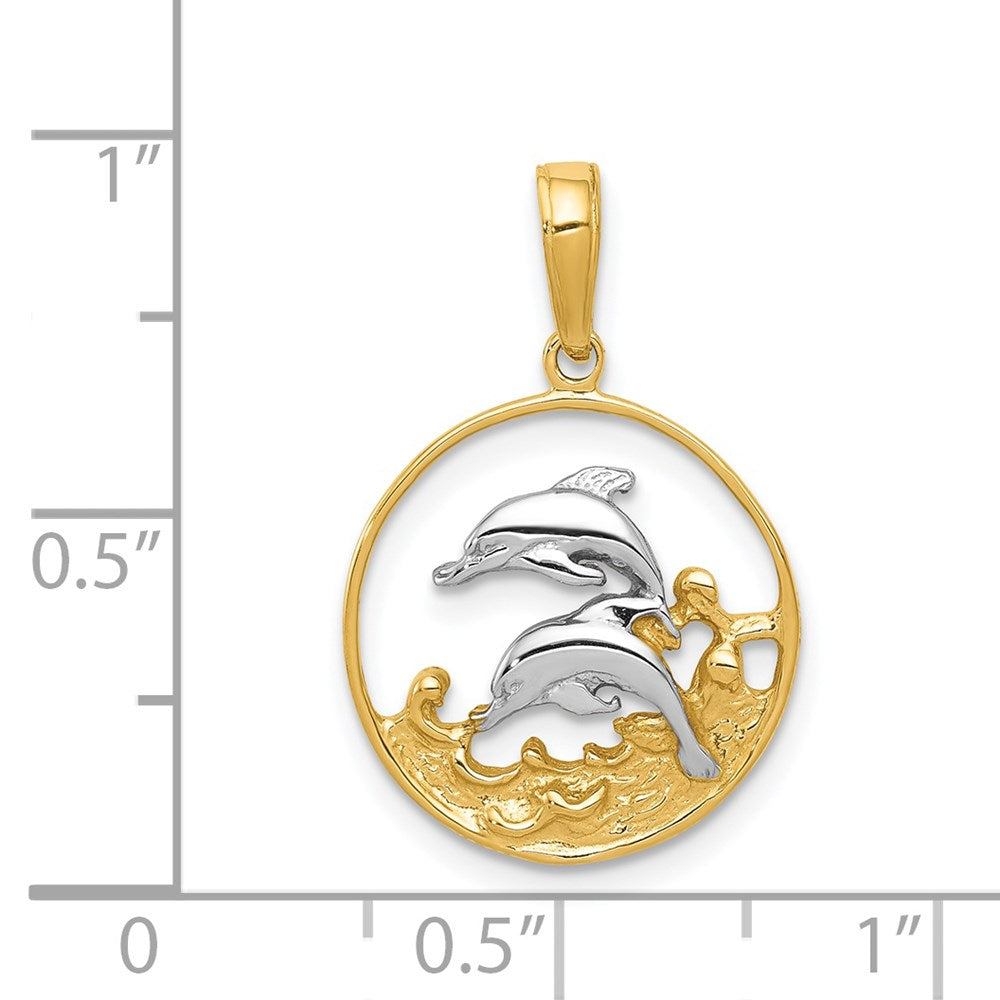 14K Gelb & Rhodium und Doppelt Dolphins in Kreis Anhänger