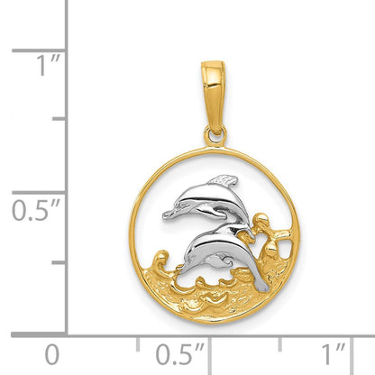 14K Gelb & Rhodium und Doppelt Dolphins in Kreis Anhänger