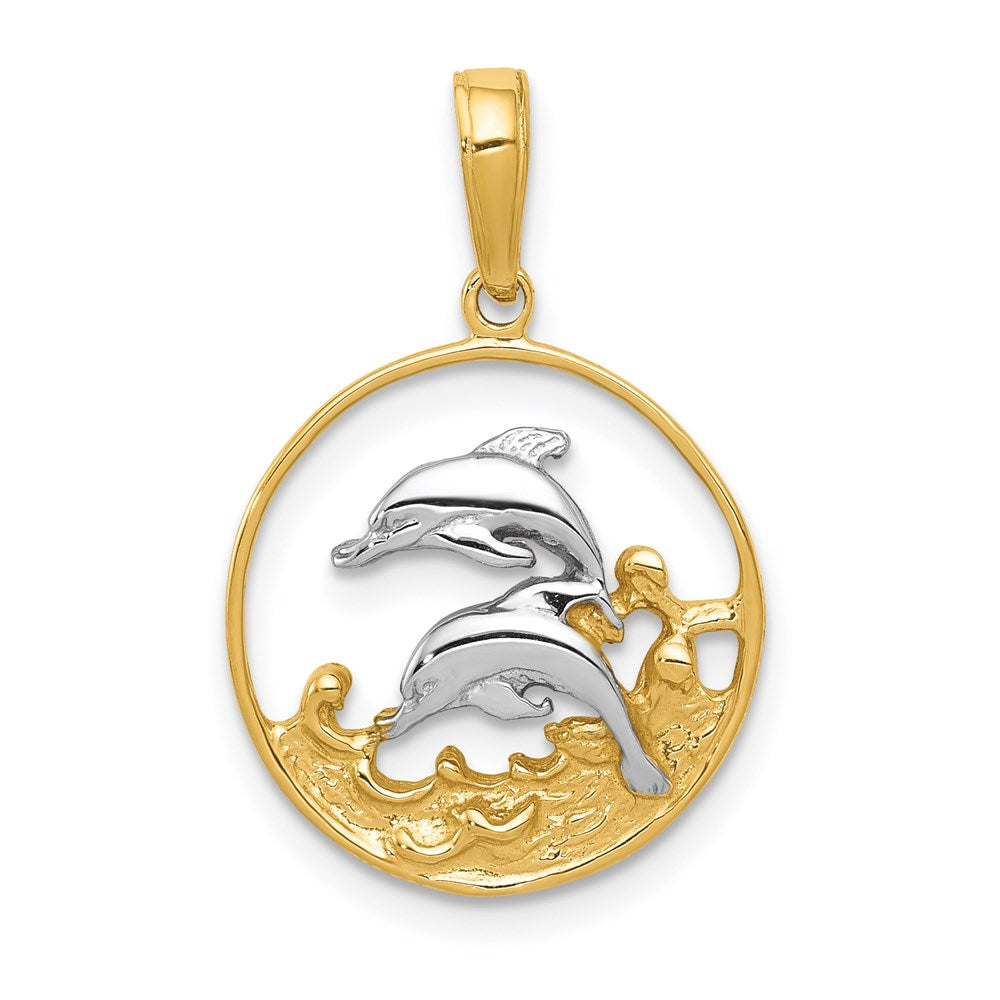 14K Gelb & Rhodium und Doppelt Dolphins in Kreis Anhänger
