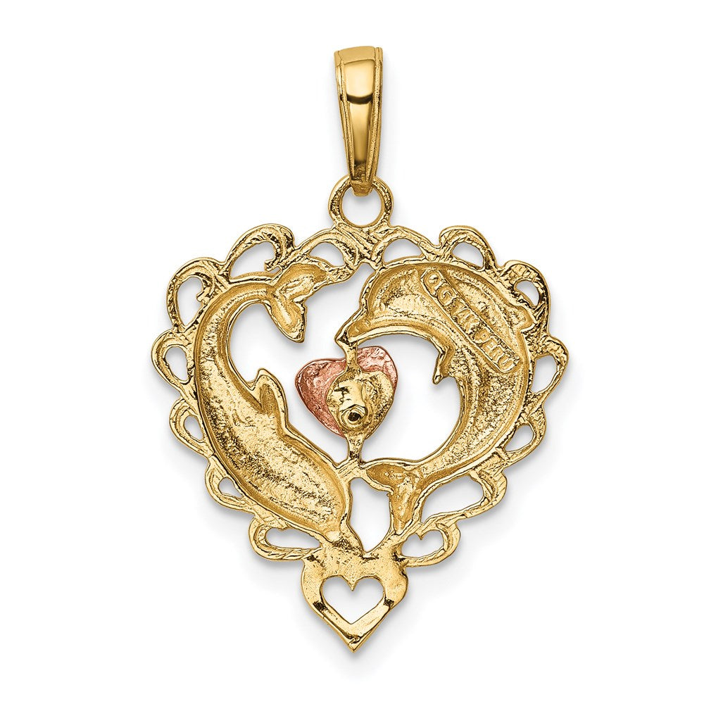 14K Bicolor-Gold Anhänger „Delfine im Herz“ mit Weißrhodium-Beschichtung