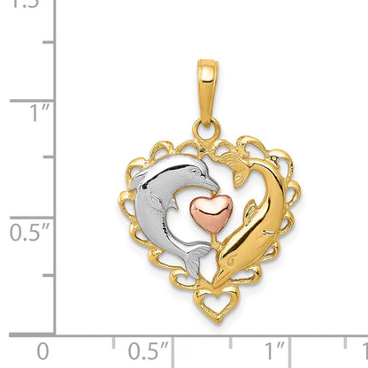 14K Bicolor-Gold Anhänger „Delfine im Herz“ mit Weißrhodium-Beschichtung
