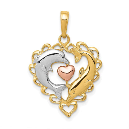 14K Bicolor-Gold Anhänger „Delfine im Herz“ mit Weißrhodium-Beschichtung