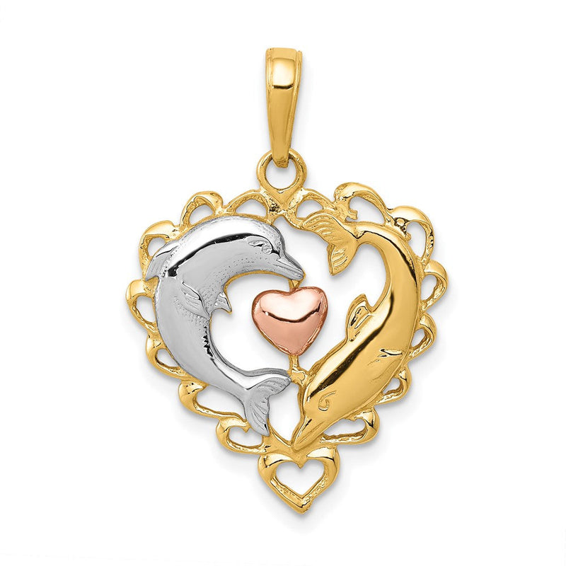 14K Bicolor-Gold Anhänger „Delfine im Herz“ mit Weißrhodium-Beschichtung