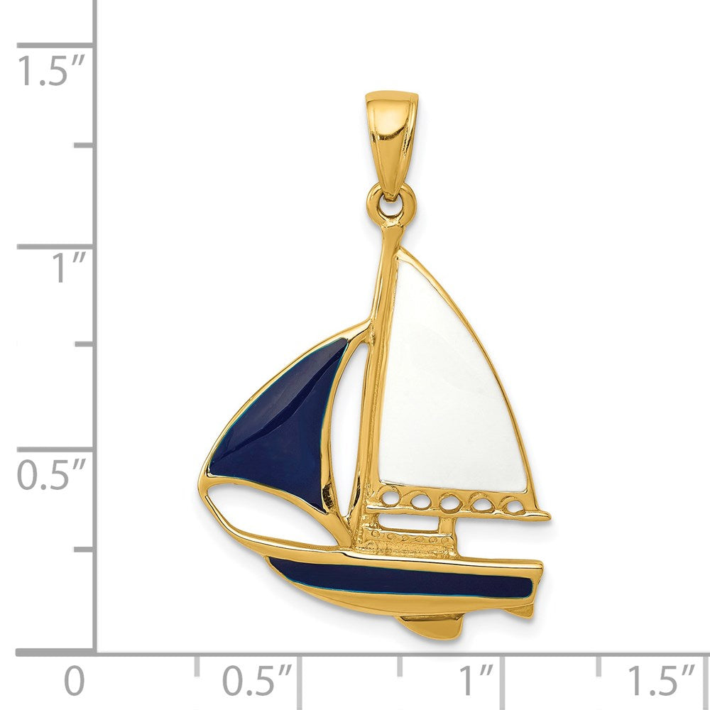 14K Gelbgold Anhänger „Segelboot" 2-D emailliert in Blau und Weiß