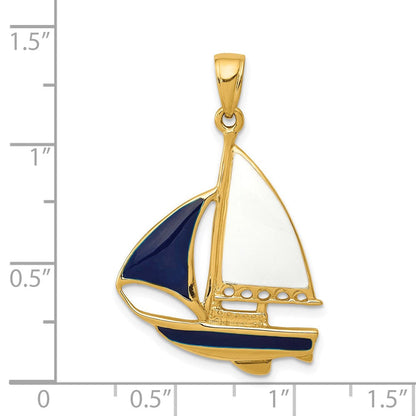 14K Gelbgold Anhänger „Segelboot" 2-D emailliert in Blau und Weiß