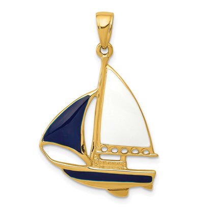 14K Gelbgold Anhänger „Segelboot" 2-D emailliert in Blau und Weiß