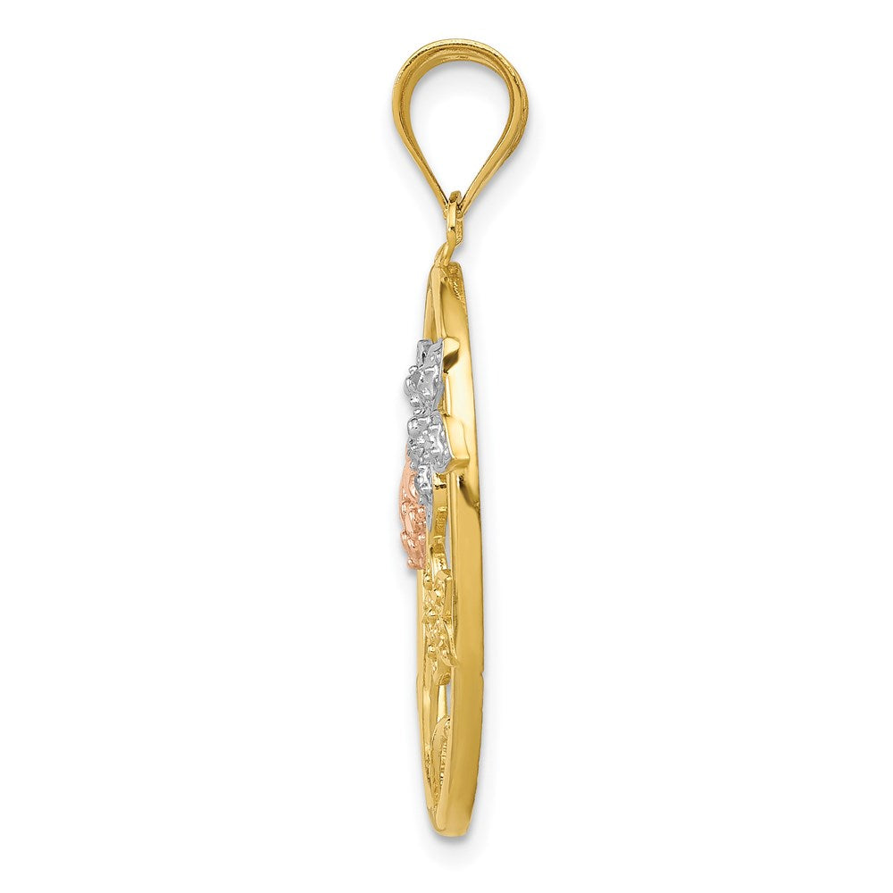 14K Bicolor-Gold mit Weiß-Rhodium Diamant-geschliffener Ovaler Blumen-Anhänger